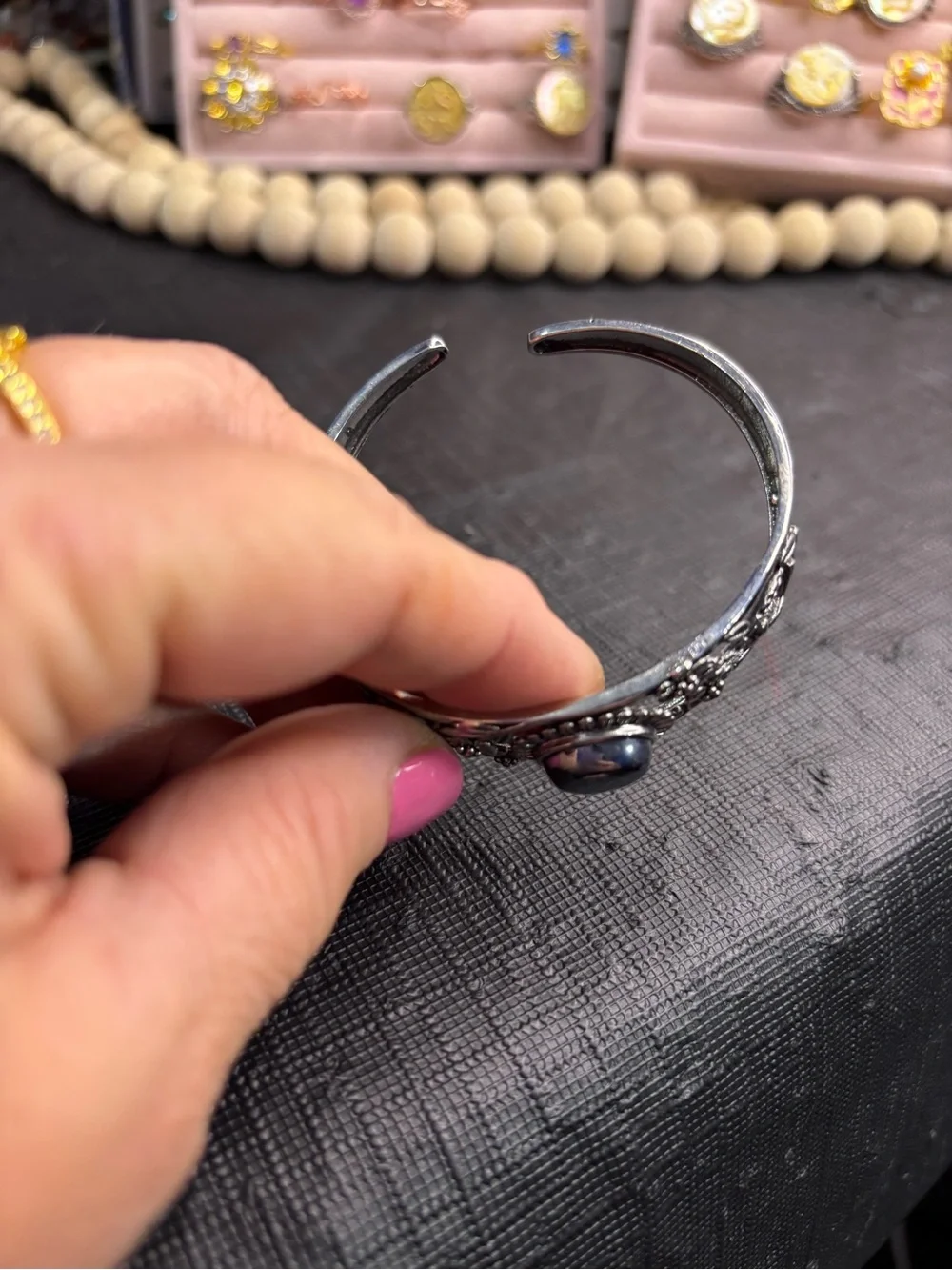Sterling Floral Cuff Bracelet with Blue Cabochon